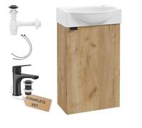 .Deftrans Meuble de Toilette WC avec lavabo - 40 x 69 x 21,3 cm - Chêne - Salle de Bain d'hôtes avec Robinet Noir Mat - Clic-clac