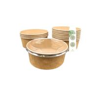 DeinPack Lot de 50 saladiers à emporter avec couvercle marron rond 1300 ml I Saladier en carton kraft emballage avec revêtement intérieur PLA I Couvercle en PET recyclé