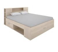 DEKIT GRUPO RIMOBEL Lit Leandre avec tête de lit rangements et tiroirs - 140x190 cm - Coloris : Chêne