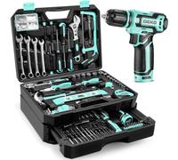 DEKO 238 Pièces Caisse à Outil avec Visseuse Dévisseuse Sans Fil 12V-Caisse à Outil Complète Professionnelle avec Perceuse,Tournevis,Clés et Accessoires pour Bricolage-Turquoise