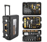 Deko - Mallette à outils - Équipée - 258 pièces - Jeu d'outils à main - Boîte à outils - Mallette à roulettes - Toolbox - 3 niveaux - Noir/Jaune