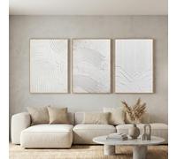 DekoArte- Tableau decoration murale salon avec relief 90x60cm x3 avec cadre | Triptyque tableaux avec cadre couleur bois inclus, tableau relief blanc plâtre texture, prêt à accrocher