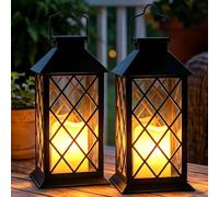 Dekofun 35cm Lanterne Solaire Exterieur, 2 Pièces Suspension Lampe Solaire avec Bougie LED Flamme Vacillante, IP44 Étanche Deco Jardin Exterieur pour Table Terrasse Funeraire Balcon Decoration - Noir