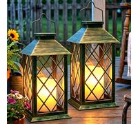 Dekofun 35cm Lanterne Solaire Exterieur, 2 Pièces Suspension Lampe Solaire avec Bougie LED Flamme Vacillante, IP44 Étanche Deco Jardin Exterieur pour Table Terrasse Funeraire Balcon Decoration(Bronze)