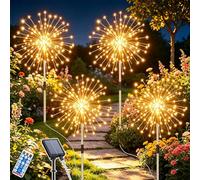 Dekofun 4 x 120 LED Lampe Solaire Exterieur Jardin, Feu d'Artifice Exterieur Solaires avec Télécommande, IP65 Étanche 8 Modes Lampe Solaire pour Chemins Pelouse Terrasse Cour Décoration - Blanc Chaud