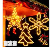 Dekofun Deco Exterieur Noël 3 Pièces LED Étoile/Neige/Sapin de Noël Lumineuse Grand Métal Decoration Lumiere Fenêtre à Piles avec Minuterie, Étanche Étoile Lumineuse pour Balcon Fenêtre Mur Porte