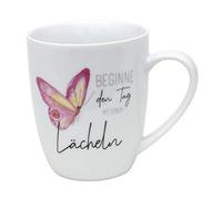 Dekohelden24 950664 Porcelaine avec motif : commencez la journée avec un sourire. Dimensions : 9,8 x 8,2 cm Capacité : 250 ml Passe au lave-vaisselle