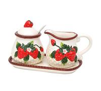 Dekohelden24 Dolomite Lot de 3 sucriers avec cuillère, Pot à Lait et Plateau en Relief Fraise Dimensions : Environ 19 x 10,5 cm