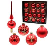 Dekohelden24 Lauschaer Lot de 16 Boules de Noël avec 1 Pointe de Sapin en Verre, décorées à la Main, Rouge Mat et Brillant, 6,7 et 8 cm, avec Couronne dorée.