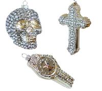 Dekohelden24 Lauschaer Lot de 3 Bijoux en Verre pour Sapin de Noël - Croix tête de Mort et Horloge - Boules de Noël Lauscha en Verre - De 8 à 13 cm