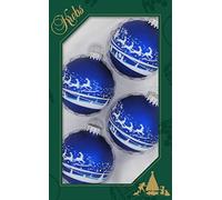 ***Dekohelden24 Lauschaer Lot de 4 boules de Noël bleu roi avec village d'hiver et Père Noël, 7 cm, avec couronne argentée
