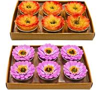 Dekohelden24 Lot de 12 bougies chauffe-plat en forme de gerbera, bougie de table, bougie de gerbera, bougie florale, jaune et violet, dimensions de chaque bougie : 4 x 3 x 4 cm, multicolore