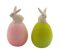 Dekohelden24 Lot de 2 Lapins décoratifs Modernes en céramique Rose et Vert - Contenu : 2 œufs décoratifs - Dimensions d'un Lapin sur œuf de Pâques : L x l x H 9 x 9 x 16 cm.