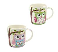 Dekohelden24 Lot de 2 tasses à café en porcelaine - Motif chouettes multicolores vertes et violettes - Dimensions (H x Ø: 9,5 x 8,5 cm, capacité 350 ml, passe au lave-vaisselle
