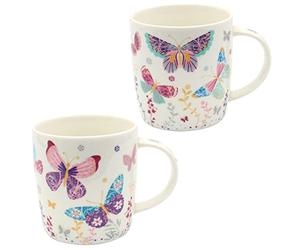 Dekohelden24 Lot de 2 tasses à café en porcelaine, motif : papillons multicolores, dimensions : 9 x 8 cm, capacité : 270 ml, passe au lave-vaisselle, rose multicolore