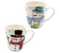 Dekohelden24 Lot de 2 tasses de Noël en porcelaine blanche - Bonhommes de neige avec chapeau - Dimensions (H x Ø env. 10 x 8 cm, capacité env. 300 ml, passe au lave-vaisselle