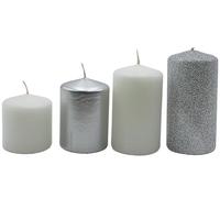 Dekohelden24 - Lot de 4 bougies piliers pour couronne de l'Avent, bougies de table, en argent blanc et paillettes argentées, contenu de la livraison : 4 pièces, graduées de 5 x 5 x 5 cm à 5 x 5 x 9 cm