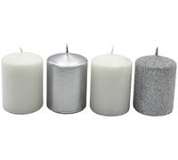 Dekohelden24 Lot de 4 bougies piliers, pour couronne de l'Avent, bougies de table, en bloc - Argenté/blanc - 5 x 5 x 7 cm (L x l x H)