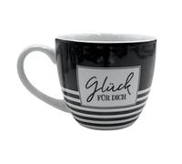Dekohelden24 Maxi - Tasse à café XXL en Porcelaine, Rayures Noires et Blanches, Motif : Bonheur pour toi, Dimensions H x Ø : 9,2 x 10,5 cm, capacité 400 ML, Passe au Lave-Vaisselle.