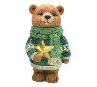 Dekohelden24 Ours décoratif - Figurine d'ours Marron décoratif - Figurine d'hiver avec écharpe et étoile de Noël dorée dans la Main - en céramique - Vert et Marron - 10 x 8 x 18 cm