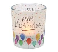Dekohelden24 Photophore en Verre à Motif sur Une Banderole Transparente, avec 1 Bougie Chauffe-Plat, H x Ø 6,5 x 6 cm, Motif Happy Birthday.