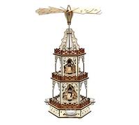 Dekohelden24 Photophore Pyramide en Bois Naturel/Marron avec 3 étages pour 3 Bougies Chauffe-Plat, L/H/19 x 16,5 x 42 cm, Motif bonhommes de Neige.