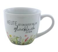 Dekohelden24 Tasse à café Maxi XXL en Porcelaine, Pot à café XXL, Motif Prairie, Aujourd'hui est Un Bon Jour pour être Heureux, Taille H x Ø : 9,2 x 10,5 cm, capacité 400 ML, Passe au Lave-Vaisselle.