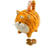 Dekohelden24 Tirelire en Forme de Chat, pour Enfant, en céramique, Couleur Ocre, 12 x 14 x 17 cm.