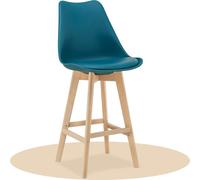 Dekohome Tabouret haut de cuisine avec dossier, assise souple et tapissée, pieds hauts en bois de hêtre avec repose-pieds et chaises nordiques, bleu verdâtre, 1 unité