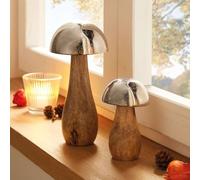 Dekoleidenschaft Lot de 2 champignons en bois de manguier avec chapeau en aluminium aspect vieilli, grands champignons décoratifs, 11 + 18 cm de haut, figurine décorative en argent et naturel