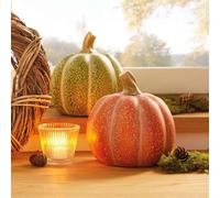 Dekoleidenschaft Lot de 2 figurines de citrouille en terre cuite, orange et vert, citrouille décorative Ø 16 cm, citrouille décorative, décoration d'Halloween, décoration d'automne