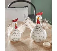 Dekoleidenschaft Lot de 2 figurines décoratives de poulet et plumes en porcelaine, blanc brillant, 12 + 16 cm de haut, décoration de Pâques, décoration de table