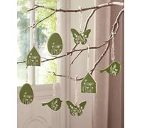 Dekoleidenschaft Lot de 8 suspensions décoratives en bois vert - Décoration de Pâques à suspendre - Œufs de Pâques - Oiseau - Maison et papillon - Décoration de Pâques à suspendre - Décoration de