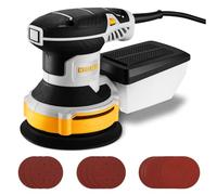 DEKOPRO 300W Ponceuse Orbitale Excentrique, 6 Vitesses, 14000RPM, Papier Abrasif 16 Pièces, Patin de Ponçage 125mm, Collecteur de Poussière, pour Surfaces en Bois et Acier, Jaune-gris