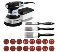 DEKOPRO Ponceuse Excentrique 300W - Ponceuse Electrique 125mm, 6 Vitesses, 14000RPM, Papier Abrasif 16 Pièces, Collecteur de Poussière, Trois Pinceau Plats, pour Surfaces en Bois et Acier, Bleu-gris