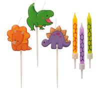 dekora - 15 Bougies Anniversaire Dinosaures pour Gâteau 6,5 cm | 3 bougies dinosaures et 12 bougies colorées, Décoration pour gâteaux apte au contact alimentaire
