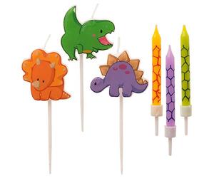 dekora - 15 Bougies Anniversaire Dinosaures pour Gâteau 6,5 cm | 3 bougies dinosaures et 12 bougies colorées, Décoration pour gâteaux apte au contact alimentaire