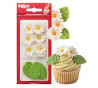 Dekora - Boîte de 7 Marguerites Blanches et 5 Feuilles Vertes en Sucre - Figurines Comestibles pour Gâteaux - Décoration en Sucre pour Gâteaux d'Anniversaire