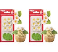Dekora - Boîte de 7 Marguerites Blanches et 5 Feuilles Vertes en Sucre - Figurines Comestibles pour Gâteaux - Décoration en Sucre pour Gâteaux d'Anniversaire (Lot de 2)