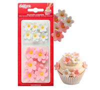 Dekora - Boîte de 7 Marguerites Blanches et 7 Marguerites Roses en Sucre - Figurines Comestibles pour Gâteaux - Décoration en Sucre pour Gâteaux d'Anniversaire