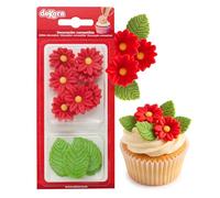 Dekora - Boîte de 7 Marguerites Rouges et 5 Feuilles Vertes en Sucre - Figurines Comestibles pour Gâteaux - Décoration en Sucre pour Gâteaux d'Anniversaire