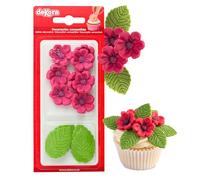 Dekora - Boîte de 8 Fleures Fuchsia et 5 Feuilles Vertes en Sucre - Figurines Comestibles pour Gâteaux - Décoration en Sucre pour Gâteaux d'Anniversaire
