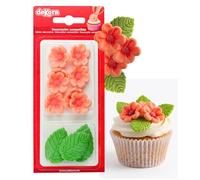 Dekora - Boîte de 8 Fleures Roses et 5 Feuilles Vertes en Sucre - Figurines Comestibles pour Gâteaux - Décoration en Sucre pour Gâteaux d'Anniversaire
