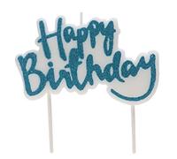 dekora - Bougie Anniversaire Happy Birthday Bleu Pailleté 10,2 x 9,1 cm | Bougie Happy Birthday bleu pailleté avec supports, Décoration gâteau apte au contact alimentaire