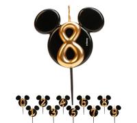 dekora - Bougie d'Anniversaire Mickey Mouse - Bougies Disney - Cire de Paraffine sans Fragrance - Bougies d'Anniversaire Enfant avec Oreilles de Mickey Mouse Noir et Doré - Taille 8,5 cm - Numéro 8