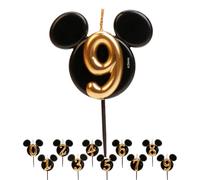 dekora - Bougie d'Anniversaire Mickey Mouse - Bougies Disney - Cire de Paraffine sans Fragrance - Bougies d'Anniversaire Enfant avec Oreilles de Mickey Mouse Noir et Doré - Taille 8,5 cm - Numéro 9