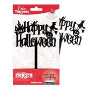 dekora - Cake Topper "Happy Halloween" 15,5 x 9,5 cm | Décoration Halloween en plastique, facile à nettoyer et réutilisable pour Gâteaux et cupcakes
