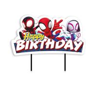 dekora - Cake Topper Spidey Happy Birthday 17,5 × 15 cm - Décoration pour gâteau d'enfant Marvel officielle, décoration en papier plastifié avec baguettes de qualité alimentaire