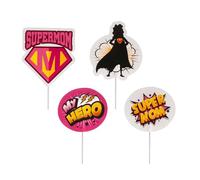 dekora - Cake Toppers Papier Fête Des Mères Pour Décorer Gâteaux Et Cupcakes, Pack 8 Pièces (4 Modèles), Thème Super-Héros "Supermom/My Hero"