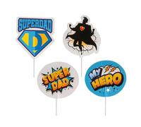 dekora - Cake Toppers Papier Fête Des Pères Pour Décorer Gâteaux Et Cupcakes, Pack 8 Pièces (4 Modèles), Thème Super-Héros "Superdad/My Hero"